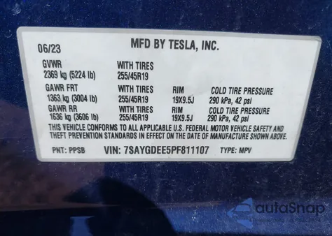 2023 Tesla Model Y Awd/Long Range Dual Motor All-Wheel Drive из США, поврежденный, VIN 7SAYGDEE5PF811107